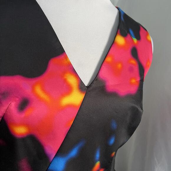 MILLY NY Floral Abstract Fit & Flare Dress Size 10 V-Neck Neon Pink Blue Black MILLY NY Floral Abstract Fit & Flare Dress Size 10 V-Neck Neon Pink Blue Black